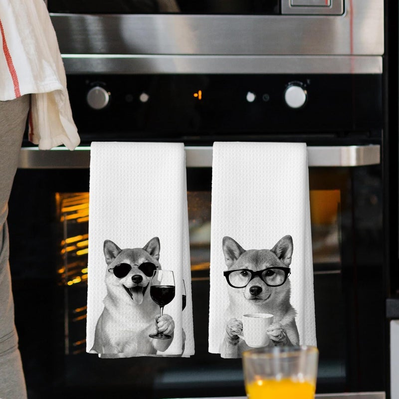 Mcehtle Funny Shiba Inu Kitchen Towels Set of 2, Funny Dog Kitchen Accessories, Coffee Wine Station Decor, Chef Gift Hand Towel, Dining Room Decorative Tea Towel Dish Towels 16x24 Inch - Image 2